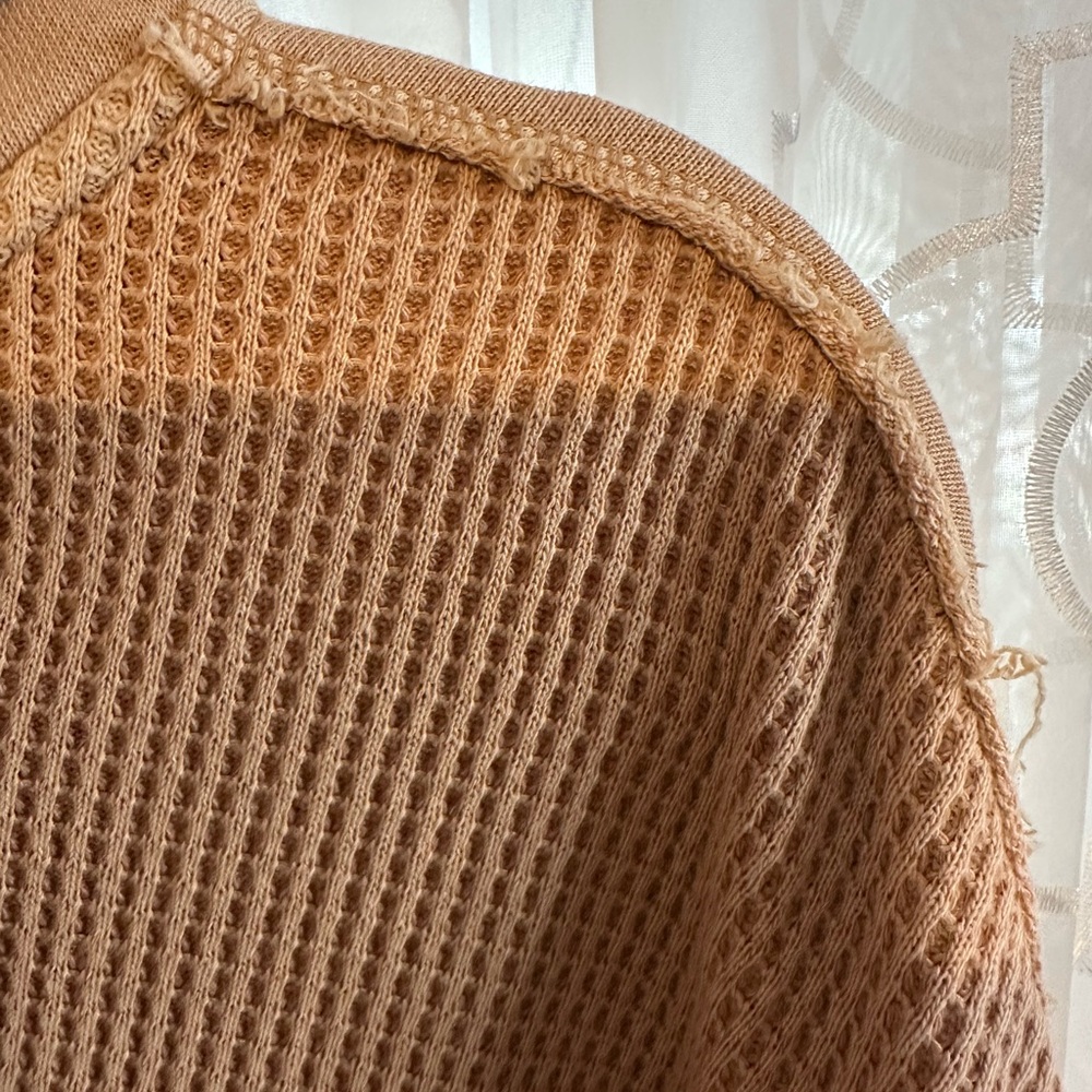 Aerie Light Brown Waffle Knit Hoodie. Taupe color with outside stitching. - Picture 3 of 6